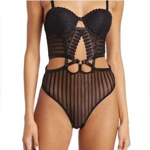 💕SECRET Lace Striped Mesh Petal Lace Cutout Bodysuit💕Size Large